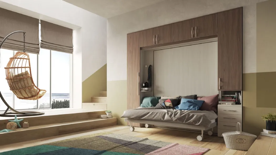 Cameretta finitura Noce e Natural Wood a ponte Salvaspazio 92 con letto singolo di San Martino Mobili
