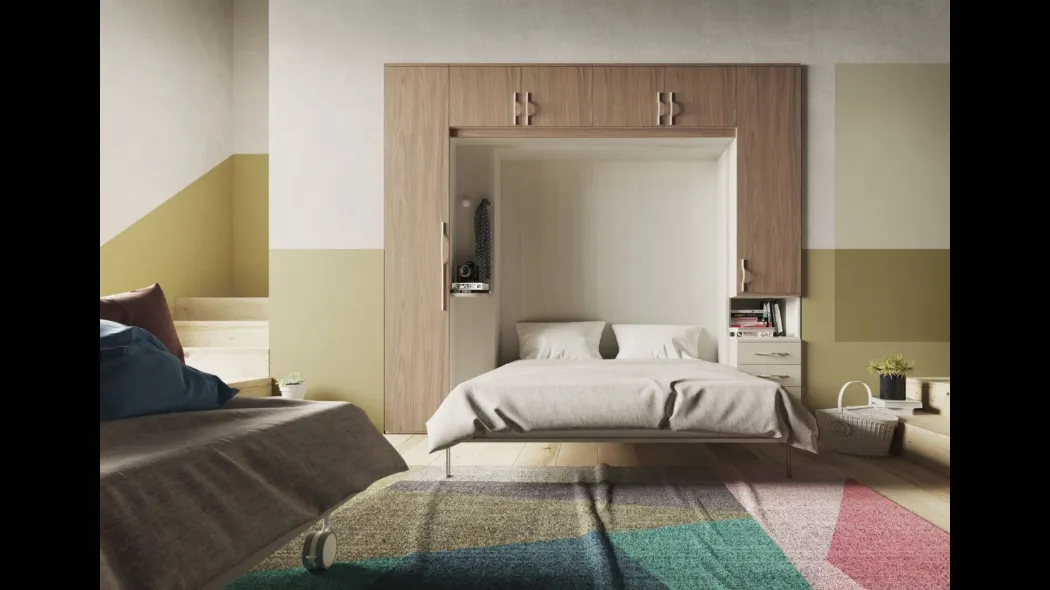 Cameretta finitura Noce e Natural Wood a ponte Salvaspazio 92 con letto matrimoniale di San Martino Mobili