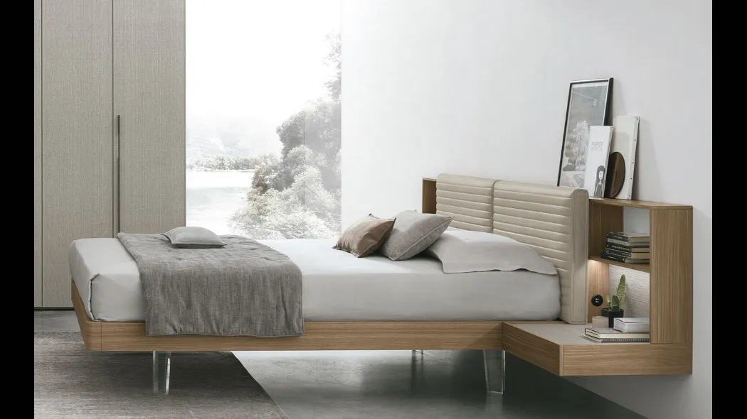 Letto Yuki in materico noce con testiera in ecopelle Tomasella
