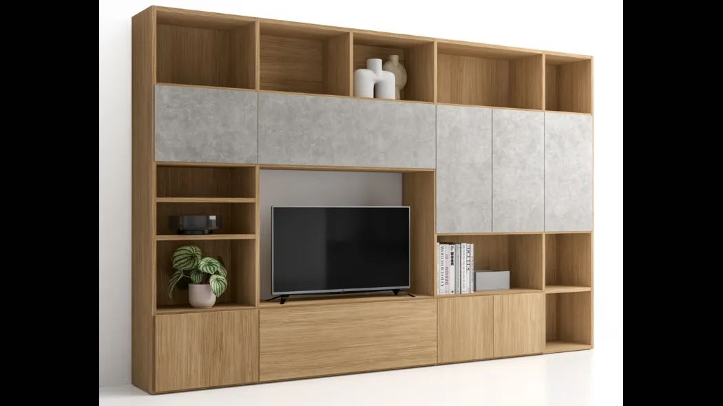 Libreria Composizione PTG321 in finitura Matwood Honey effetto legno e materico cemento di SantaLucia