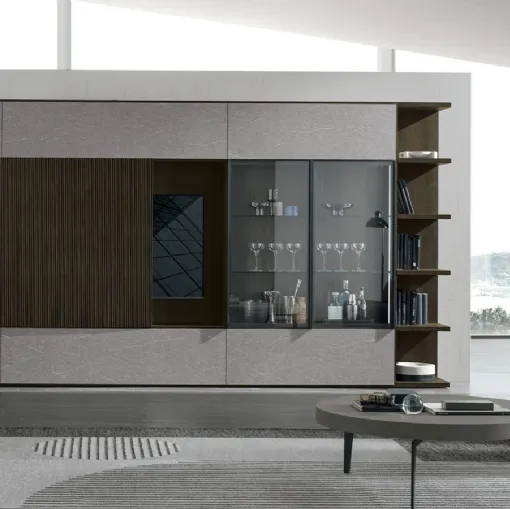 Libreria Atlante UNIT AT203 in materico opaco antracite, materico intreccio scuro e metallo madreperla di Tomasella
