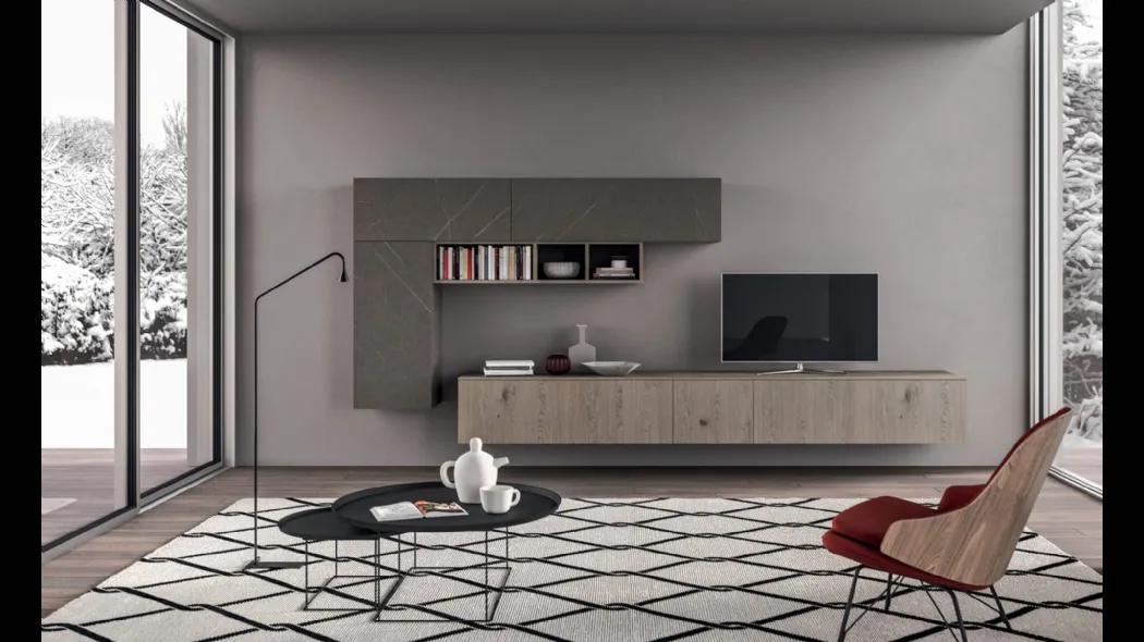 Parete Attrezzata sospesa Living T09 in Rovere e laminato HPL di Gentili Cucine