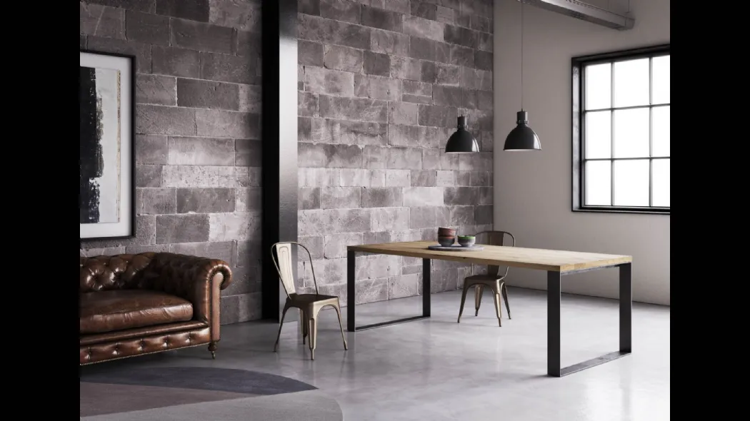 Tavolo in legno impiallacciato Rovere con gambe in metallo finitura ferro Squared-T di Pizzolato