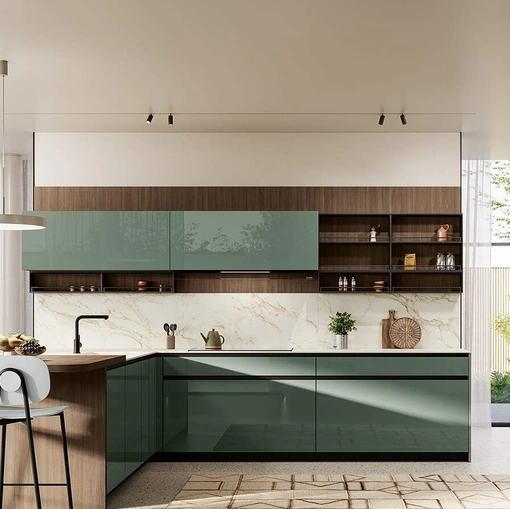 Cucina Moderna con penisola Altea Composizione 01 in vetro verde aloe di Prima Cucine