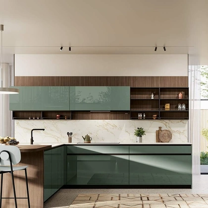 Cucina Moderna con penisola Altea Composizione 01 in vetro verde aloe di Prima Cucine
