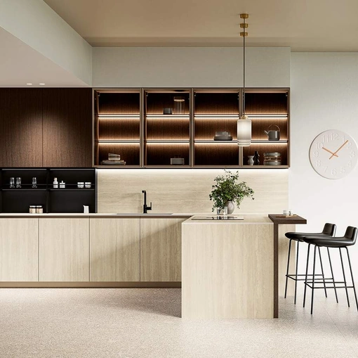 Cucina Moderna con penisola Altea Composizione 04 in laminam e legno di Prima Cucine