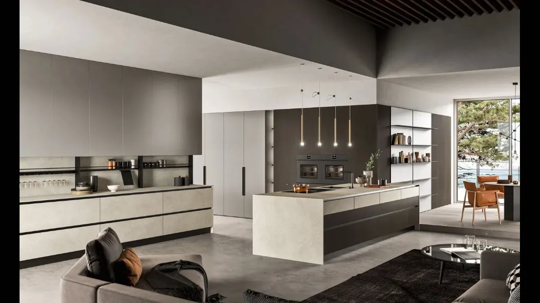 Cucina Moderna con penisola Time 02 2023 in laminato straticato e impiallacciato Rovere cannettato di Gentili Cucine