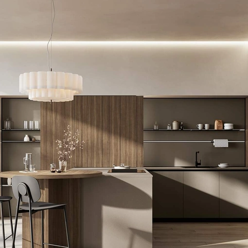 Cucina Moderna con penisola Domino Composizione 08 in melaminico metallico polvere argilla e melaminico noce Canaletto di Prima Cucine