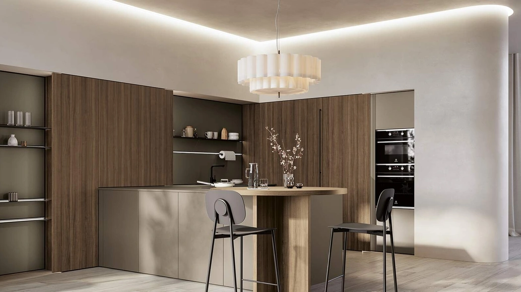 Cucina Moderna con penisola Domino Composizione 08 in melaminico metallico polvere argilla e melaminico noce Canaletto di Prima Cucine