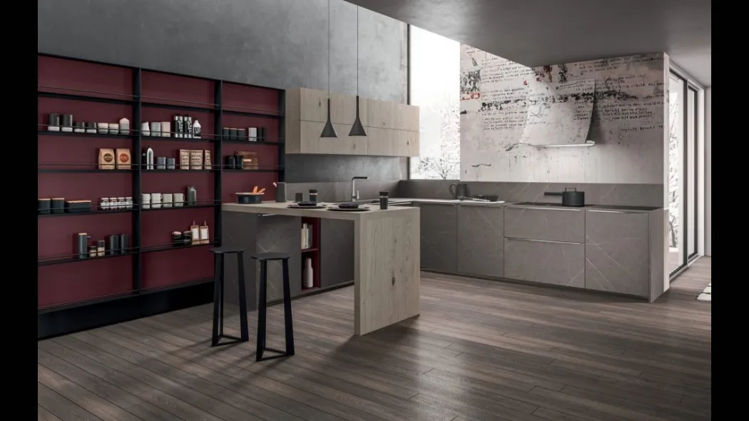 Cucina Moderna con penisola Time 09 in laminato HPL e impiallacciato Rovere di Gentili Cucine